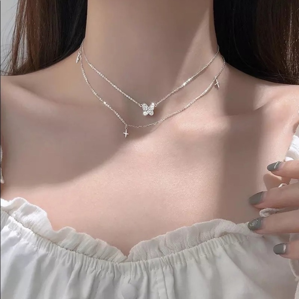 New Sterling Silver 925 Layered Butterfly & Stars adjustable Necklace